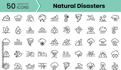 An array of 50 linear icons depicting various natural disasters including storms, earthquakes, and floods, showcased in a minimalist design.