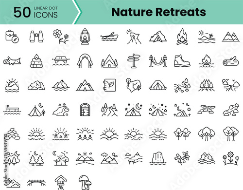A collection of 50 linear dot icons depicting various elements of nature retreats, including camping, hiking, and scenic landscapes in a minimalistic style.