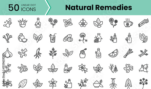 A diverse collection of 50 linear icons depicting natural remedies, featuring herbs, plants, and health-related items, designed with a minimalist aesthetic.