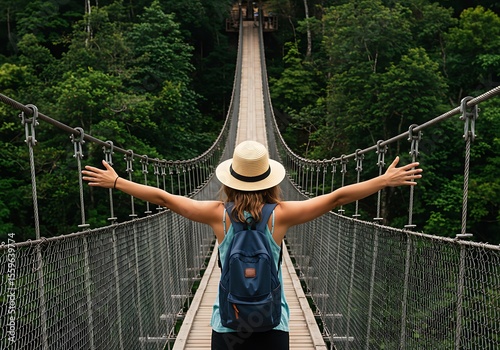 Adventurous Woman on a Suspension Bridge in Lush Jungle. Generative Ai