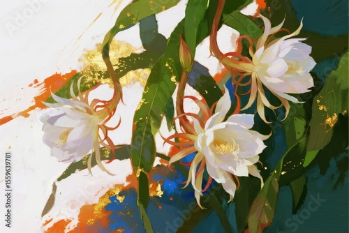 Elegant White Flowers with Vibrant Background and Green Leaves