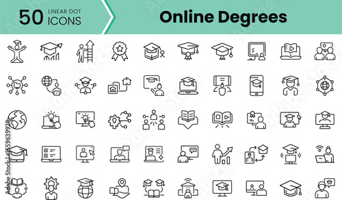 A collection of 50 linear dot icons related to online degrees and education, showcasing elements like graduation caps, books, and digital learning.