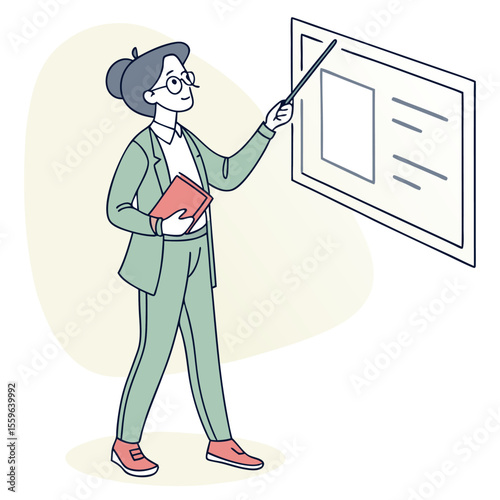 A woman in a green suit and glasses holds a book and points with a stick to a presentation board with graphics and text