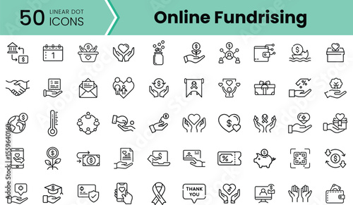 A collection of 50 linear dot icons representing online fundraising concepts, featuring symbols like donations, charity, and financial support in a clean, modern design.