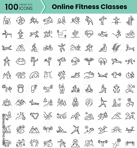 A collection of 100 unique linear icons representing various online fitness classes, showcasing diverse activities and exercises for all fitness levels.