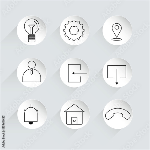 Collection of nine different line art icons on white circles vector