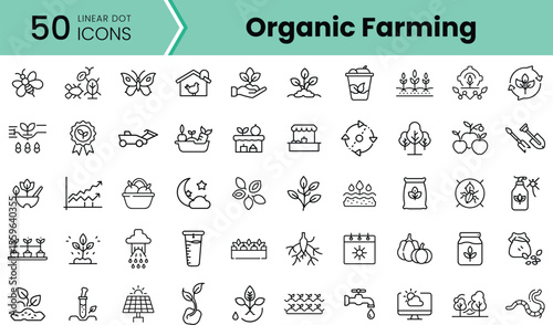 A collection of 50 linear icons representing organic farming, including plants, tools, and farming elements, ideal for agricultural themes and presentations.