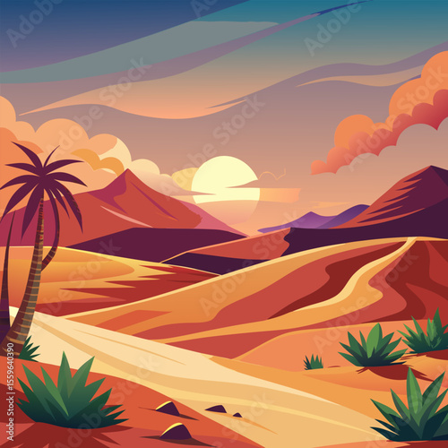 Sunset over the Desert. A Vibrant Landscape of Sand Dunes and Palm Trees