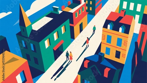 Stylized Urban Scene with Colorful Buildings and Pedestrians