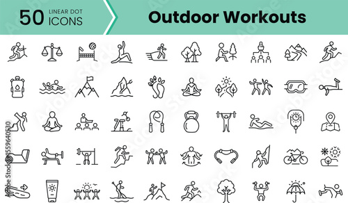 A diverse collection of 50 linear icons representing various outdoor workout activities, showcasing fitness, adventure, and leisure exercises in a modern style.