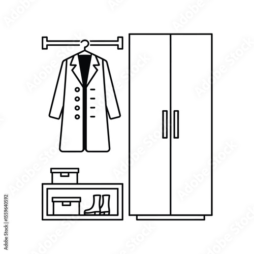 Minimalist Wardrobe Illustration with Coat Shoes Boxes and Closet in Black and White