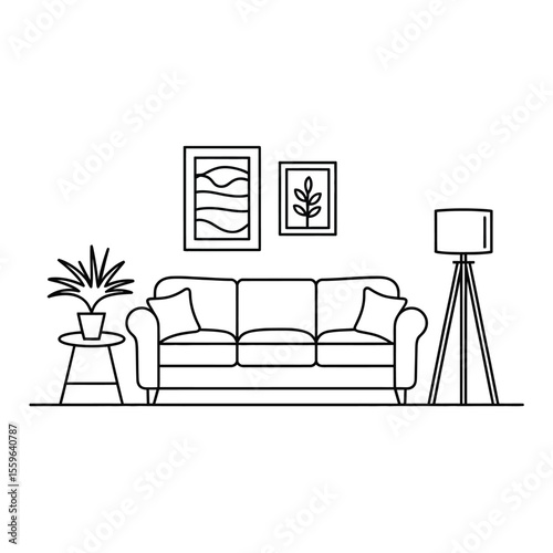 Minimalist Living Room Interior with Couch Plant Lamp and Wall Art Line Drawing