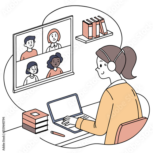 A young woman wearing headphones participates in an online video conference with diverse colleagues studying books and using a laptop for remote learning or work