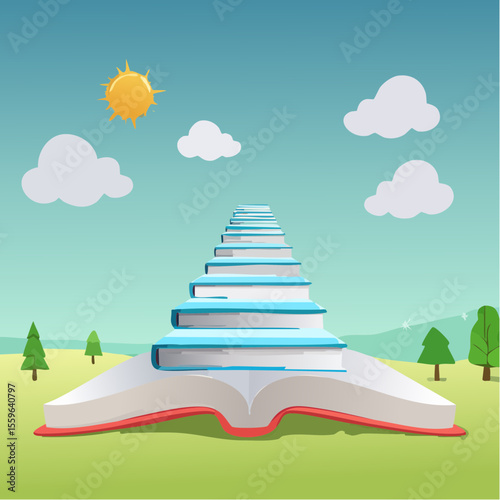 A book with stairs leading into the sky – each page is a step higher.
