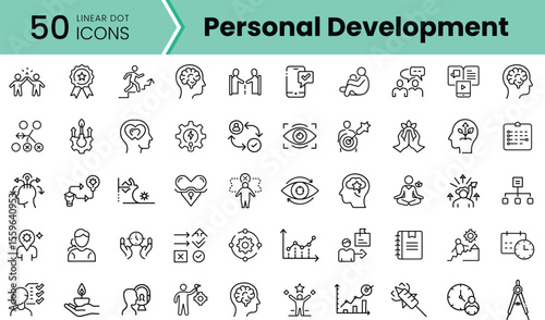 A collection of 50 linear dot icons representing various aspects of personal development, including growth, teamwork, and self-improvement in a minimalist design.