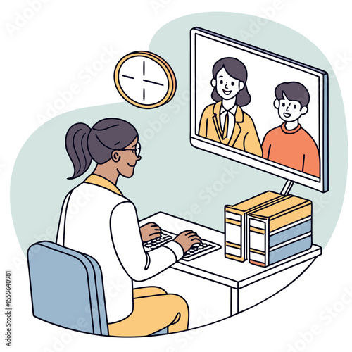 A woman wearing glasses and a lab coat sits at a desk typing on a keyboard while participating in a video conference with two smiling people
