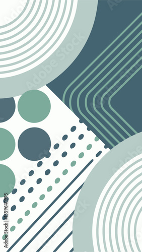 Geometric Abstraction: A modern composition, the artwork harmonizes flowing lines, circles, and angular shapes, all rendered in soothing tones.