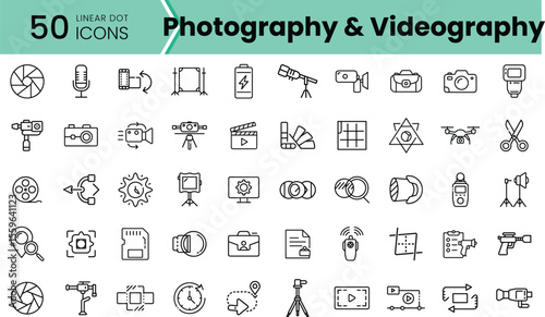A collection of 50 minimalist linear icons representing photography and videography elements, featuring cameras, tripods, lighting, and editing tools in a monochromatic design.