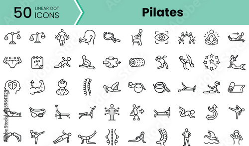 A diverse collection of 50 linear dot icons representing Pilates exercises, showcasing various movements, equipment, and poses in a clean and organized layout.