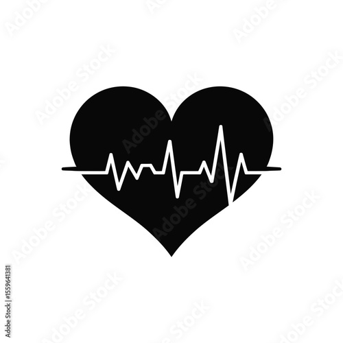 Black heart with heartbeat line medical symbol illustration on white background