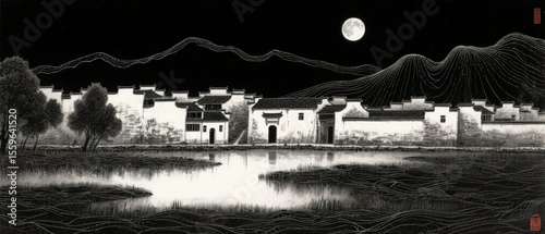 Moonlit Village: Traditional Houses Reflecting in a Calm Pond