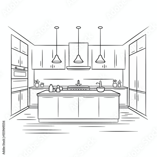 Modern Kitchen Island Design Line Drawing Illustration
