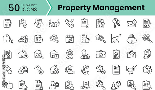 A collection of 50 linear icons representing various aspects of property management, showcasing tools for real estate management, maintenance, and tenant communication.