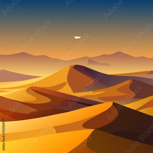 Majestic Desert Landscape at Sunset. Golden Sand Dunes and Dramatic Sky
