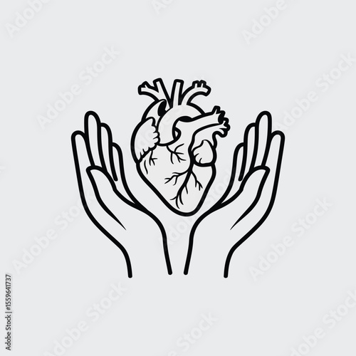 Hands Holding Heart Line Art Illustration for Medical or Healthcare Concepts