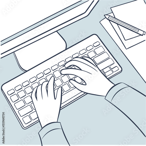 Close up overhead view of a person s hands typing on a computer keyboard with a pencil and papers on the desk next to the monitor