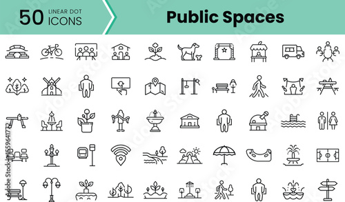 A collection of 50 linear dot icons representing various public spaces, featuring parks, events, and recreational activities in a minimalist style.