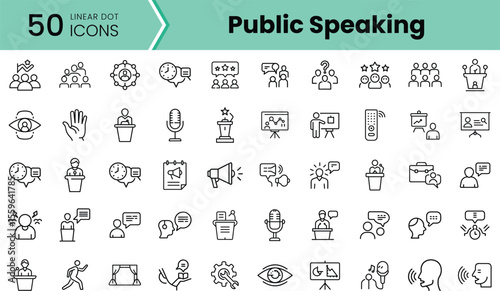 A collection of 50 linear icons related to public speaking, showcasing elements like microphones, audiences, presentations, and communication symbols. Perfect for education materials.