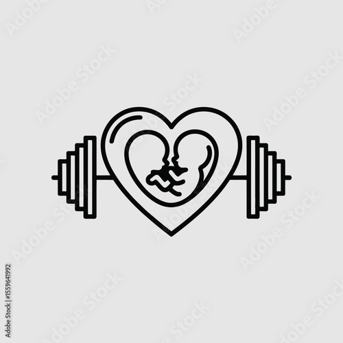 Pregnancy fitness concept with barbell and baby inside heart shape vector icon