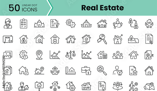 A collection of 50 linear dot icons representing various aspects of real estate, including homes, keys, contracts, and professionals in a clean, minimalistic style.