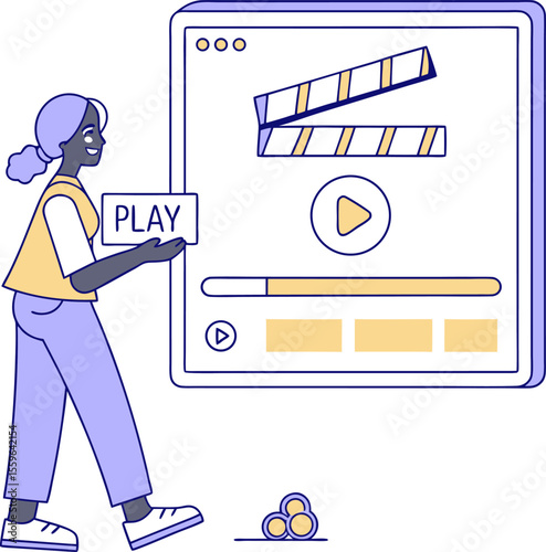 A person holding a play button in front of a digital screen displaying a video player interface with a clapperboard icon and progress bar