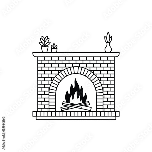Minimalist Fireplace Illustration with Brick Fire Wood and Plants in Black and White
