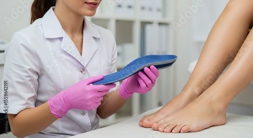 A medical professional in a white coat and pink gloves examines a patient's foot while holding a blue and grey orthopedic insole.