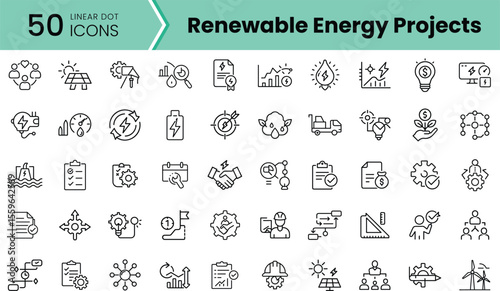 A collection of 50 linear icons representing various renewable energy projects, featuring solar panels, wind turbines, energy efficiency, and sustainable development motifs.