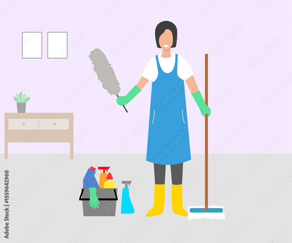 Fototapeta premium Cleaner girl in uniform with mop and cleaning equipment. Professional cleaning service worker, Vector illustration cartoon character.