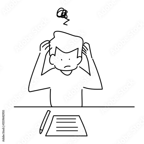 Schoolboy stuck and confuse on his exam problems. Education, learning difficulty. Line art Vector illustration design.