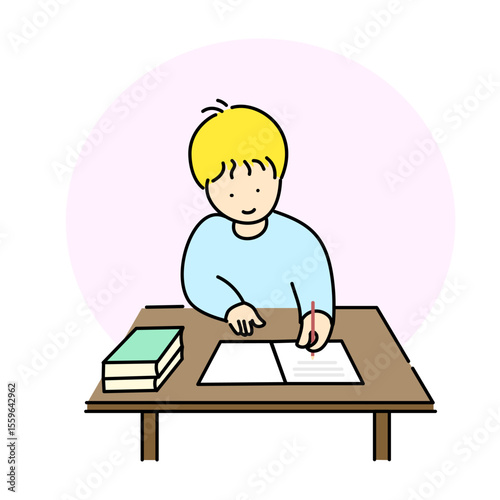 A boy is sitting and working on an exercise or exam at school with books on table. Vector illustration design.