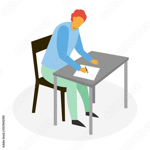 Students taking exams in a classroom. Schoolboy learning to exam in library. Vector illustration design.