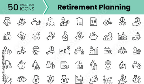 A collection of 50 linear icons representing retirement planning elements, featuring symbols like savings, investment, insurance, and financial growth in a clean design.