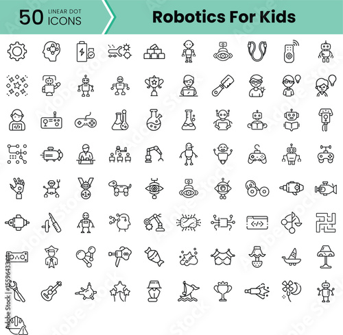 A diverse collection of 50 linear icons illustrating robotics concepts for kids, including robots, tools, experiments, and playful elements, ideal for educational purposes.