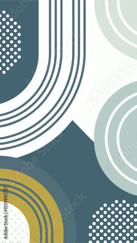 Geometric Harmony: A serene dance of dot, circle, lines and curve in a symphony of subdued blues and gentle gold create an atmosphere of tranquility and refined elegance.