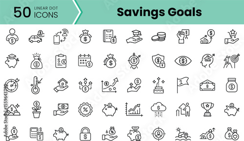 A collection of 50 linear dot icons representing savings goals, featuring various financial themes such as investments, budgeting, and financial planning.