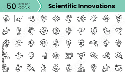 A collection of 50 linear dot icons depicting various scientific innovations, featuring illustrations of light bulbs, graphs, microscopes, and research symbols.