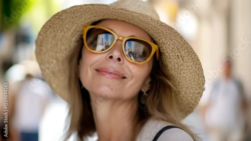 Portrait of pretty woman in straw hat and sunglasses enjoying vacation in sunny city