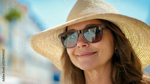 Portrait of pretty woman in straw hat and sunglasses enjoying vacation in sunny city