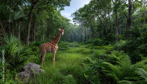 Fototapeta Naklejka Na Ścianę i Meble -  Giraffe in a lush forest
